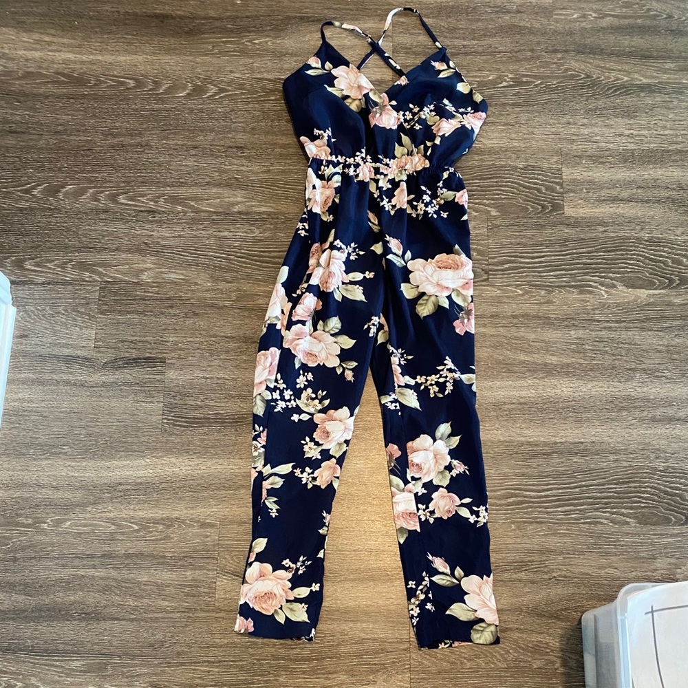 Navy Cross Back Floral Jumpsuit